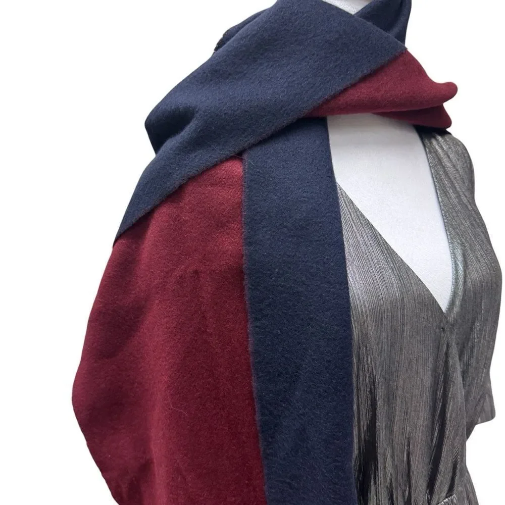 Hermes Bordeaux & Navy Blue 100% Cashmere Kasak Fringed Shawl Wrap Scarf Auth